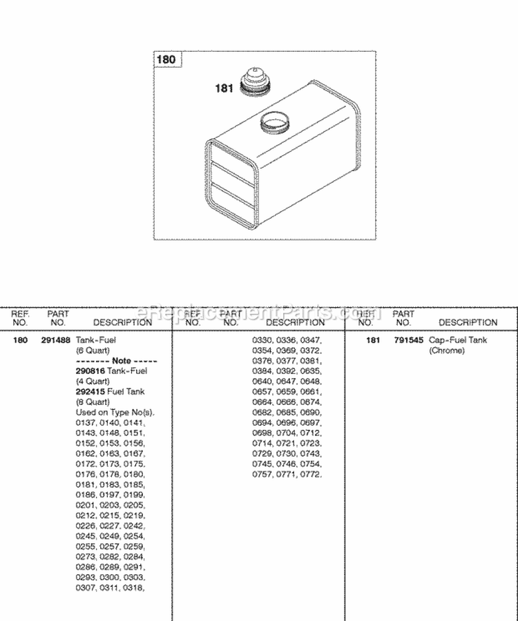 Fuel Tank Diagram and Parts List for 326431-0129-99  Briggs and Stratton Engine